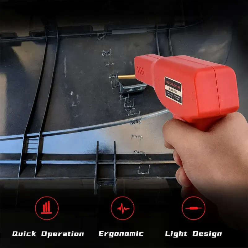 This handheld copper-plated plastic welding tool features an ergonomic design, making it lightweight and portable. It provides rapid heat-up and fast welding, with a simple and easy-to-use operation. It is suitable for bumper repair and is a useful tool for all plastic repair needs.