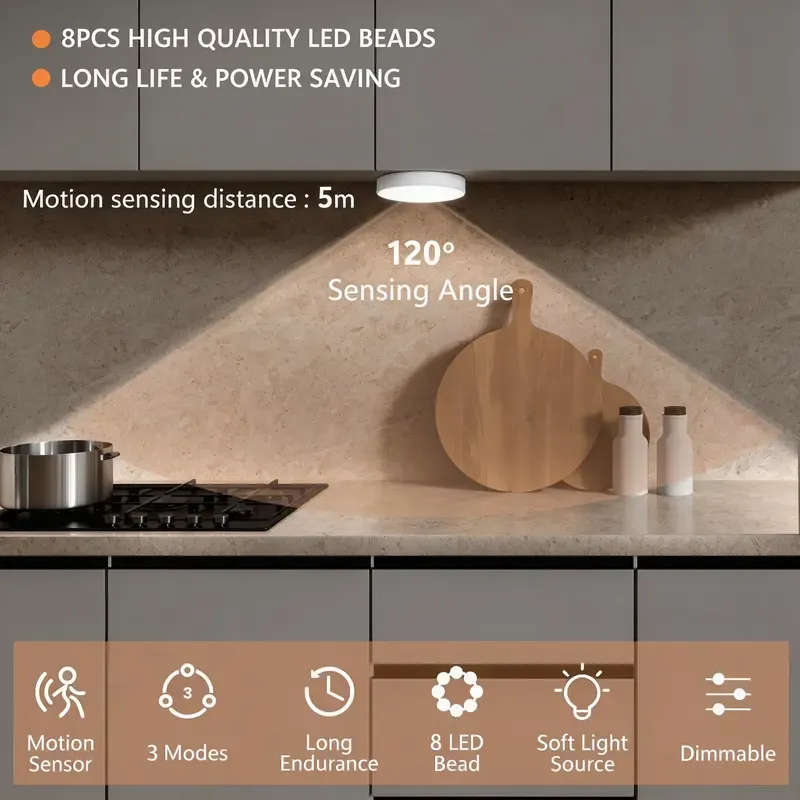 Buy one, get one! This magnetic, rechargeable LED light with automatic motion sensor has three modes, a 30-second auto-off function, and adjustable cool white light. It's easy to install and suitable for use in bedrooms, hallways, and cabinets. It features a self-adhesive design and a built-in battery.