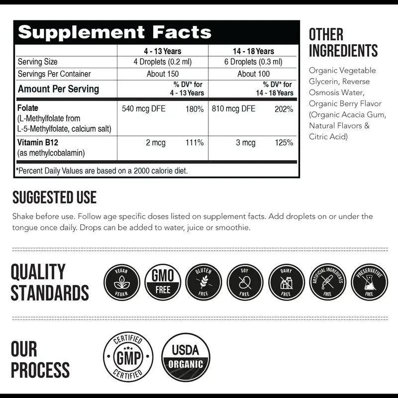Triquetra Organic Kids Methylfolate + Methyl B12 Cofactor  Organic Berry Flavor, Liquid Form 5-MTHF Form Adjustable Dosing Supports Mood, Behavior, Cognition Methy folate  L-methylfolate Healthcare Fitness