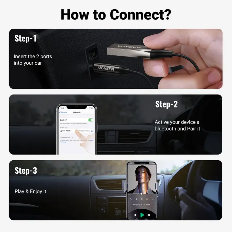Upgrade your old car! UGREEN AUX to Bluetooth 6.0 Adapter - Universal for Wireless Music, Navigation, and Hands-free Calling
