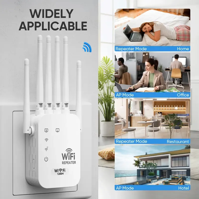 WiFi Extender 2026 6-Antenna Strong Signal, 1200Mbps Dual Band (5GHz-2.4GHz) Booster, Covers 12,000 sq. ft - 100 Devices, Repeater with Gigabit Port - AI Connectivity, Ideal for Home Studios, Remote Workspaces, VR Areas