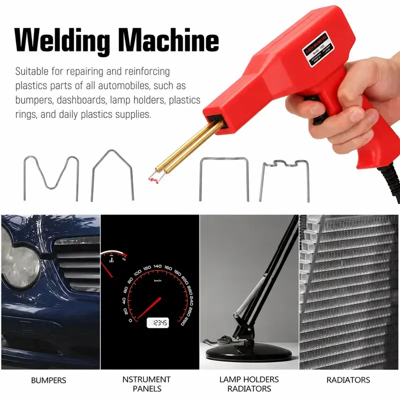 This handheld copper-plated plastic welding tool features an ergonomic design, making it lightweight and portable. It provides rapid heat-up and fast welding, with a simple and easy-to-use operation. It is suitable for bumper repair and is a useful tool for all plastic repair needs.