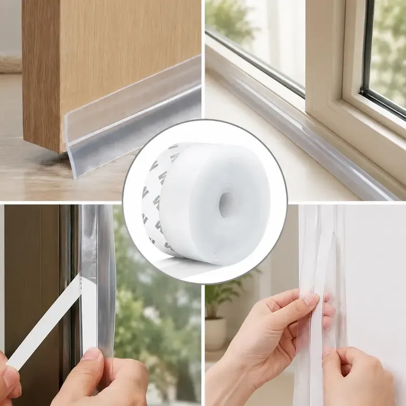 Self-adhesive wind and dust barrier, 16.4 ft x 1.15 ft, suitable for sealing doors and windows, showers, and other areas to prevent insects and dust.