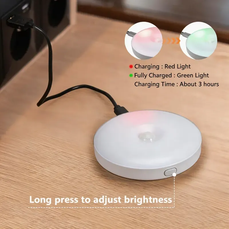 Buy one, get one! This magnetic, rechargeable LED light with automatic motion sensor has three modes, a 30-second auto-off function, and adjustable cool white light. It's easy to install and suitable for use in bedrooms, hallways, and cabinets. It features a self-adhesive design and a built-in battery.