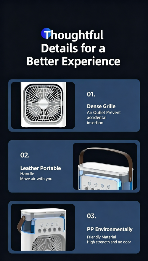 Portable USB-powered air cooling fan with 3 fan speeds and 5 spray modes, plus a night light, suitable for bedside tables and coffee tables.