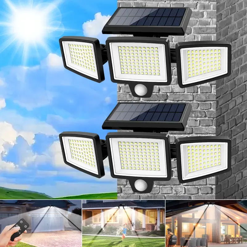 Solar outdoor lights, featuring three adjustable spotlights with dimming capabilities, and three modes of operation. They include motion detection and are waterproof, making them suitable for use in gardens, garages, porches, patios, yards, farms, chicken coops, barns, stables, and swimming pools.