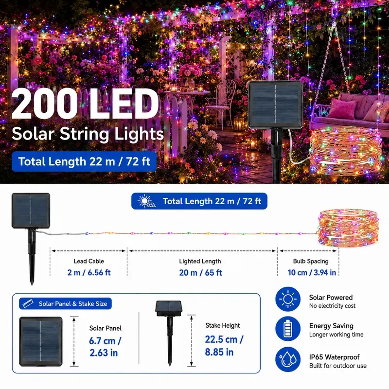 Power outage savior: Solar LED string lights – Buy one, get one free! Featuring 400 LED bulbs, totaling 144 feet in length. With 8 different modes, perfect for outdoor lighting. Powered by solar energy, so you don't have to worry about power outages. Comes with a remote control, ideal for Christmas, garden parties, and other festive occasions, creating a joyful and festive atmosphere