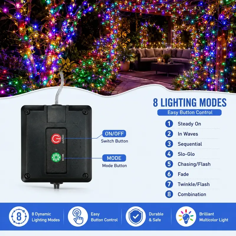 Power outage savior: Solar LED string lights – Buy one, get one free! Featuring 400 LED bulbs, totaling 144 feet in length. With 8 different modes, perfect for outdoor lighting. Powered by solar energy, so you don't have to worry about power outages. Comes with a remote control, ideal for Christmas, garden parties, and other festive occasions, creating a joyful and festive atmosphere