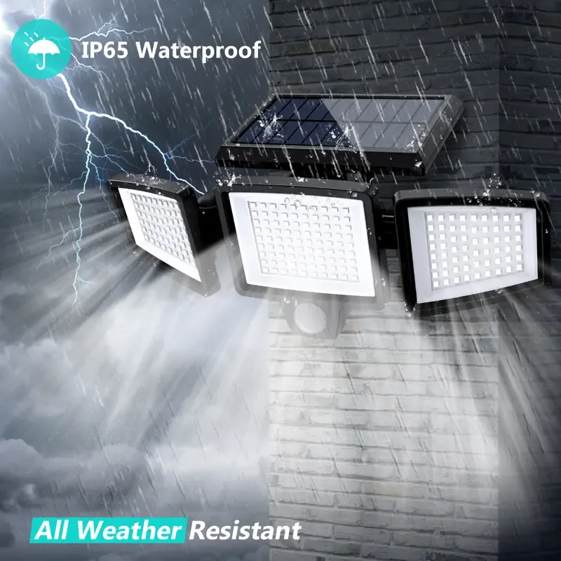 Solar outdoor lights, featuring three adjustable spotlights with dimming capabilities, and three modes of operation. They include motion detection and are waterproof, making them suitable for use in gardens, garages, porches, patios, yards, farms, chicken coops, barns, stables, and swimming pools.
