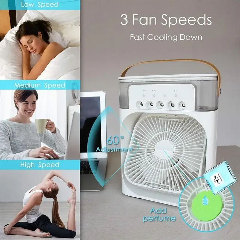 Portable USB-powered air cooling fan with 3 fan speeds and 5 spray modes, plus a night light, suitable for bedside tables and coffee tables.