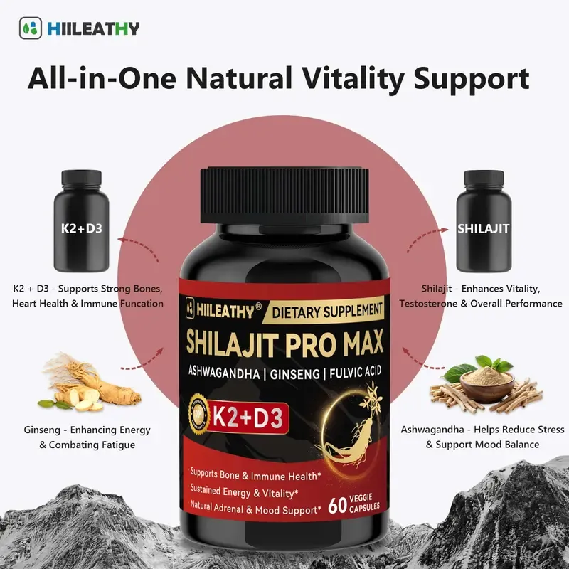 HIILEATHY Optimal Shilajit PRO MAX 60 Capsules Made in USA with Essential Minerals for Healthy Aging and Immune System Support