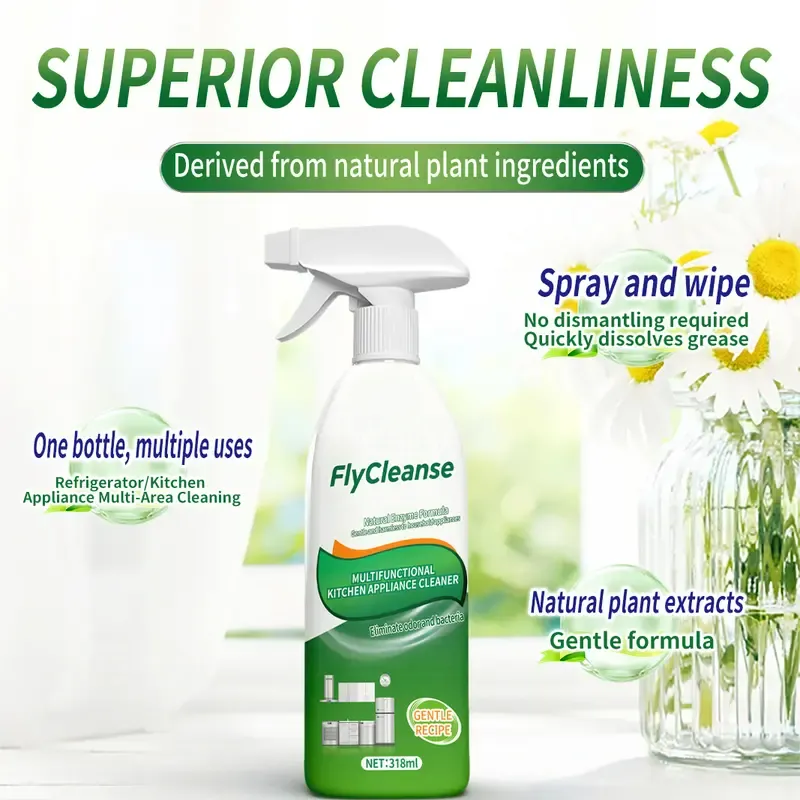 FlyCleanse Natural Enzyme Formula Kitchen Cleaning Spray - Fast-Acting Household Grease & Mold Remover Liquid, for Kitchen Stoves & Range Hoods, 318 ml Bottle, Stain Remover Spray, Interior Cleaner