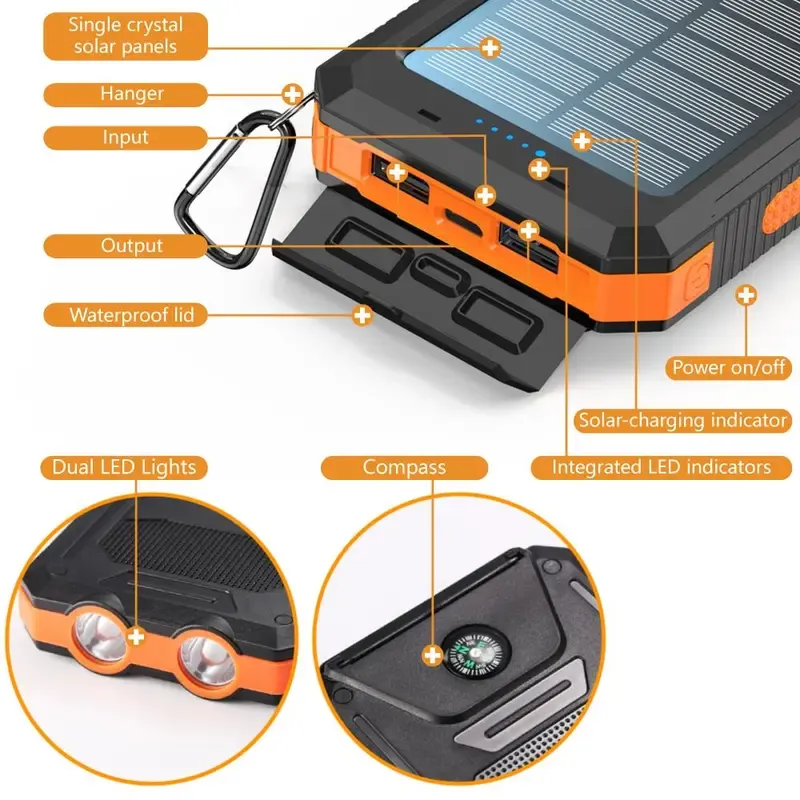 20000mAh Portable Solar Power Bank, Waterproof Solar Phone Charger with LED Light and Dual USB Ports, Compatible with iPhone and Android  GLOBAL PICKS