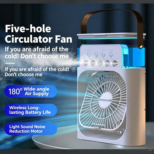 Portable USB-powered air cooling fan with 3 fan speeds and 5 spray modes, plus a night light, suitable for bedside tables and coffee tables.