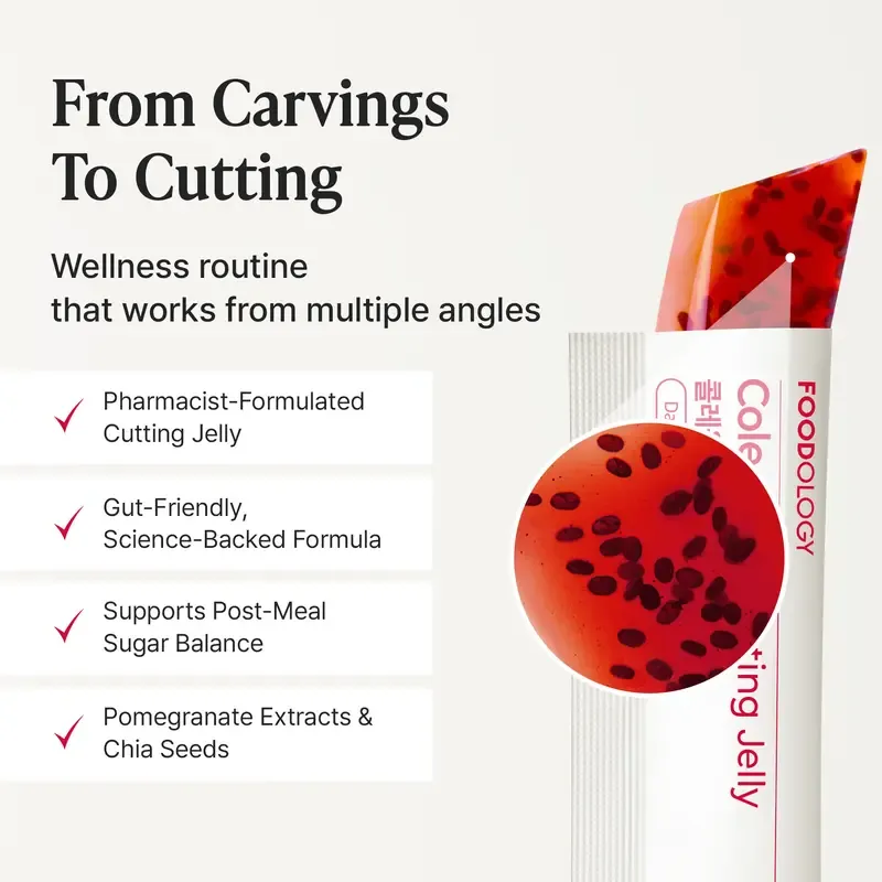 FOODOLOGY  Coleology Cutting Jelly   Garcinia Cambogia (HCA), Chia Seeds Collagen, Hyaluronic Acid, Pomegranate Flavored