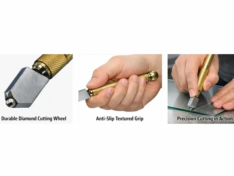 Diamond Head Glass Cutter Tool for 3-15mm Glass & Mirrors, Heavy Duty Steel Blade & Anti-Slip Grip for DIY Glass Cutting