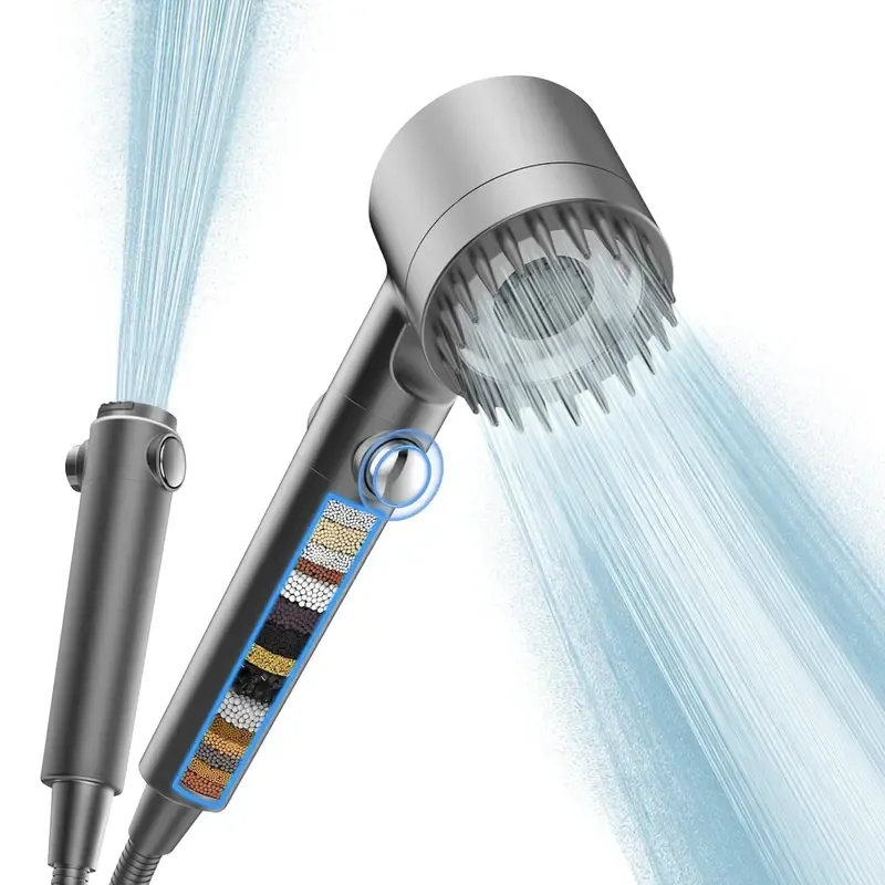 This enhanced shower head features a built-in filter and a handheld control with four different spray modes. It also includes a filter cartridge designed to remove chlorine ions from hard water. It's a practical and essential addition to any home.
