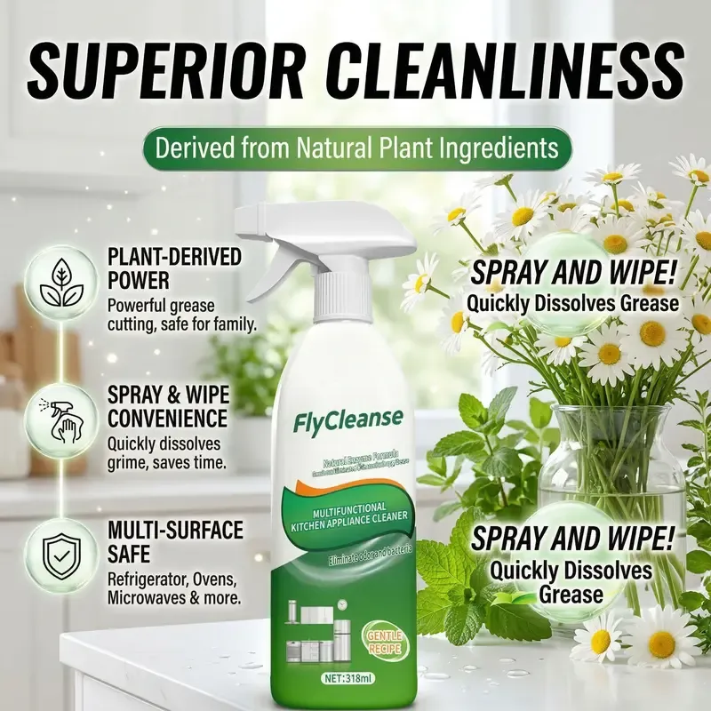 FlyCleanse Natural Enzyme Formula Kitchen Cleaning Spray - Fast-Acting Household Grease & Mold Remover Liquid, for Kitchen Stoves & Range Hoods, 318 ml Bottle, Stain Remover Spray, Interior Cleaner