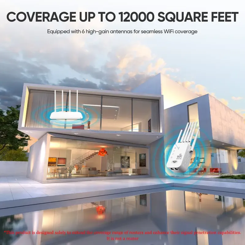 WiFi Extender 2026 6-Antenna Strong Signal, 1200Mbps Dual Band (5GHz-2.4GHz) Booster, Covers 12,000 sq. ft - 100 Devices, Repeater with Gigabit Port - AI Connectivity, Ideal for Home Studios, Remote Workspaces, VR Areas