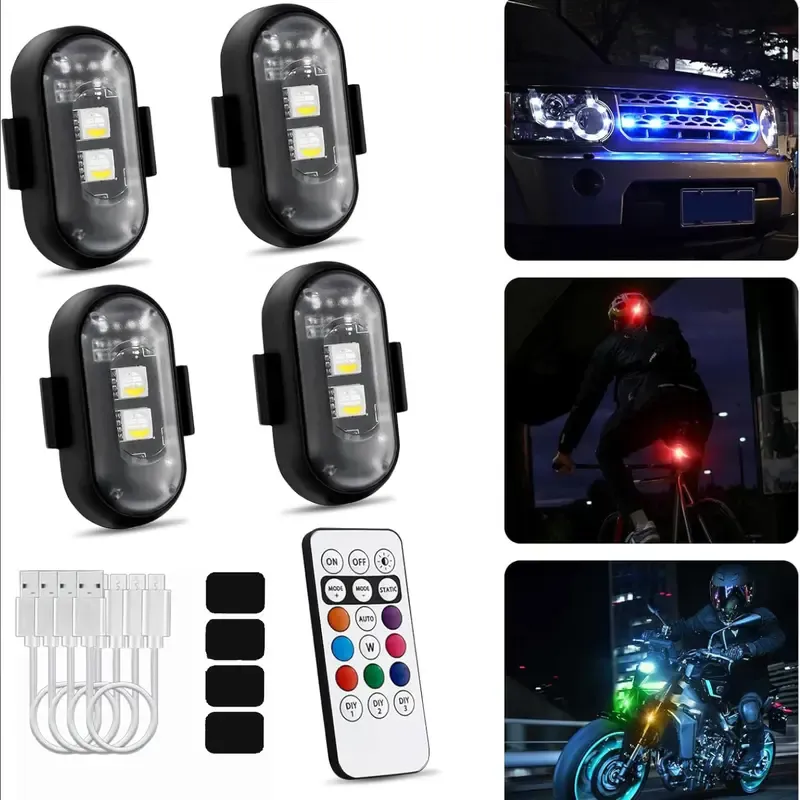 Wireless RGB LED Strobe Lights, Cars Accessories, Car Lighting, USB Rechargeable, IP65 Rated, 3-Level Dimming, Brightness Adjust, Anti-Collision Waterproof for Motorcycle, Drone & RC Aircraft