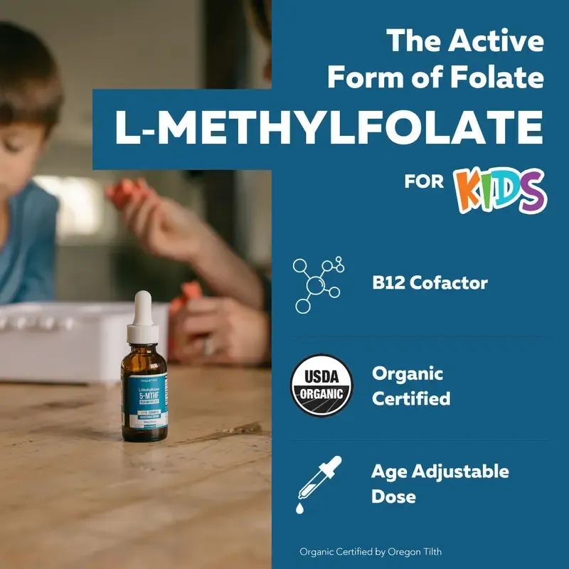 Triquetra Organic Kids Methylfolate + Methyl B12 Cofactor  Organic Berry Flavor, Liquid Form 5-MTHF Form Adjustable Dosing Supports Mood, Behavior, Cognition Methy folate  L-methylfolate Healthcare Fitness
