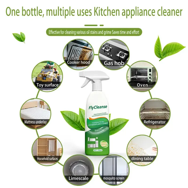 FlyCleanse Natural Enzyme Formula Kitchen Cleaning Spray - Fast-Acting Household Grease & Mold Remover Liquid, for Kitchen Stoves & Range Hoods, 318 ml Bottle, Stain Remover Spray, Interior Cleaner