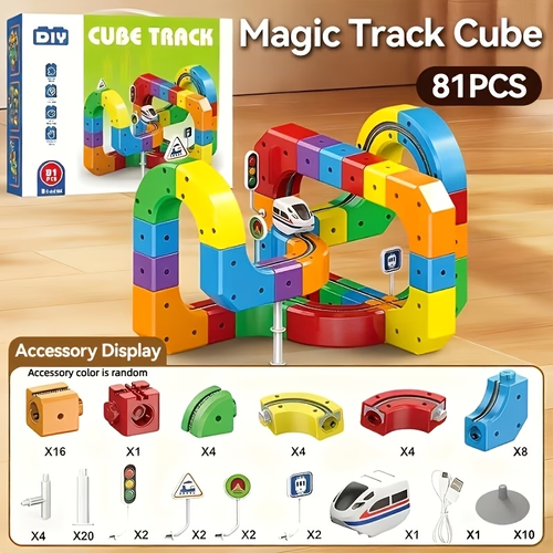Magic Track Train Set, 3D Track Building Blocks with Cube Tracks and Signal Lights