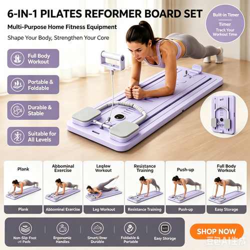 6-in-1 Multi-Purpose Foldable Plastic Pilates Reformer Board Set with Timer Home Ab Exercise Equipment and Abs Roller, Multifunctional training board