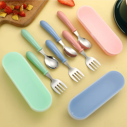 Cartoon stainless steel children's spoon and fork box set of three baby tableware mother and baby gifts round handle spoon and fork