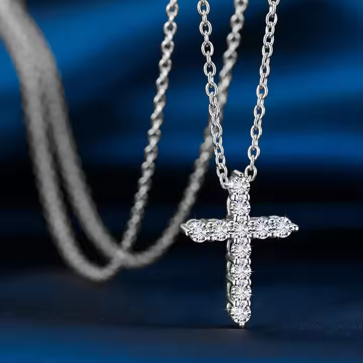 925 Sterling Silver Shiny VVS Moissanite Diamond Cross Pendant Necklace for Men and Women