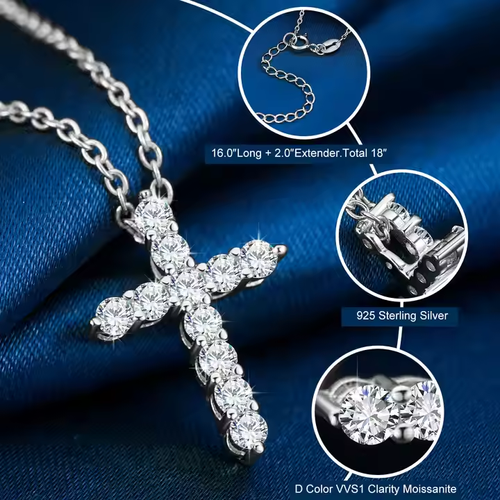 925 Sterling Silver Shiny VVS Moissanite Diamond Cross Pendant Necklace for Men and Women