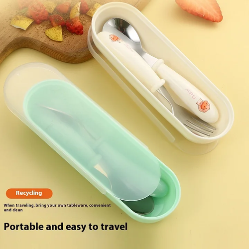 Cartoon stainless steel children's spoon and fork box set of three baby tableware mother and baby gifts round handle spoon and fork
