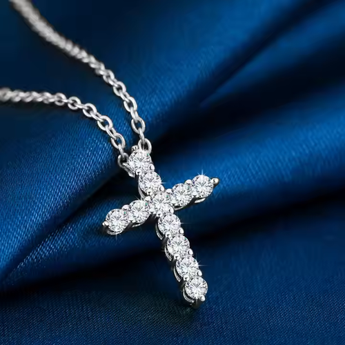 925 Sterling Silver Shiny VVS Moissanite Diamond Cross Pendant Necklace for Men and Women
