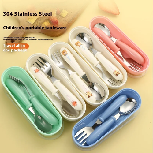 Cartoon stainless steel children's spoon and fork box set of three baby tableware mother and baby gifts round handle spoon and fork