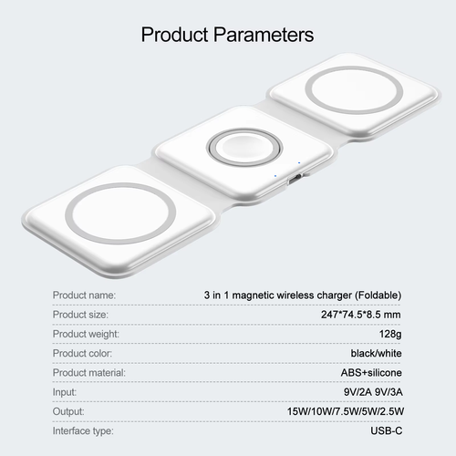 3in1magnetic wireless charger stand foldable 15w fast charging station portable wireless charger for airpods