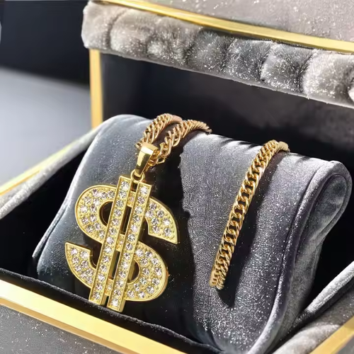 Gold Plated Hip Hop Dollar Sign Pendant Necklace Butterfly Shape with Chain Ring Anniversary Made of Zinc Alloy