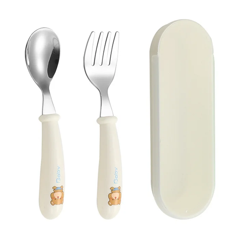 Cartoon stainless steel children's spoon and fork box set of three baby tableware mother and baby gifts round handle spoon and fork