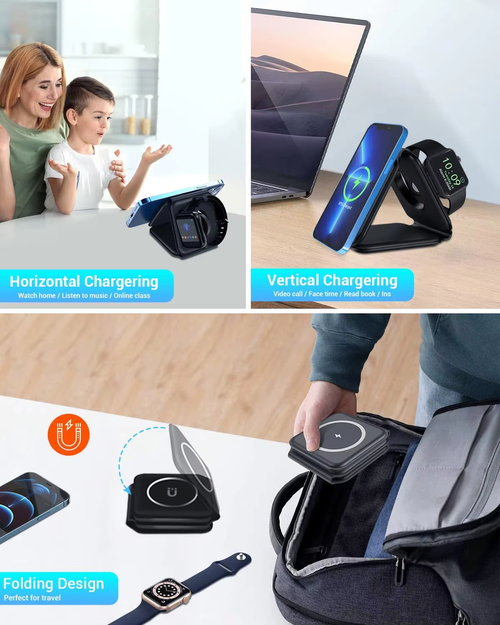 3in1magnetic wireless charger stand foldable 15w fast charging station portable wireless charger for airpods