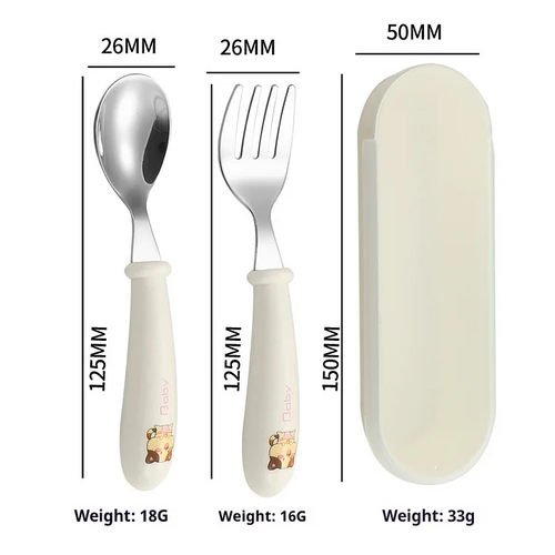 Cartoon stainless steel children's spoon and fork box set of three baby tableware mother and baby gifts round handle spoon and fork