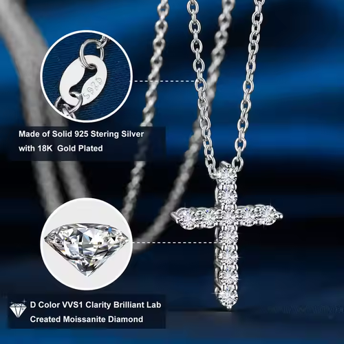 925 Sterling Silver Shiny VVS Moissanite Diamond Cross Pendant Necklace for Men and Women
