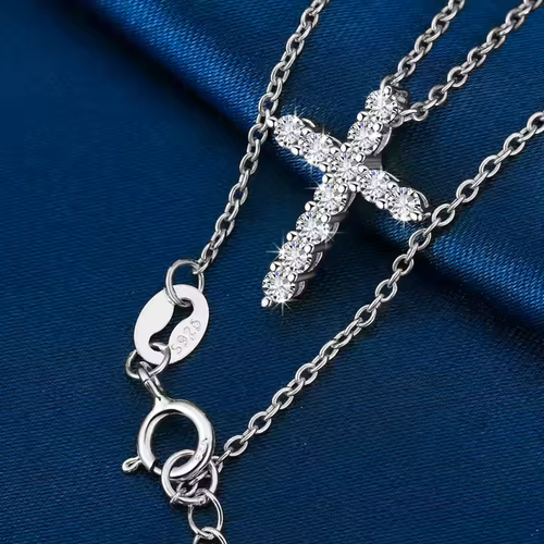 925 Sterling Silver Shiny VVS Moissanite Diamond Cross Pendant Necklace for Men and Women
