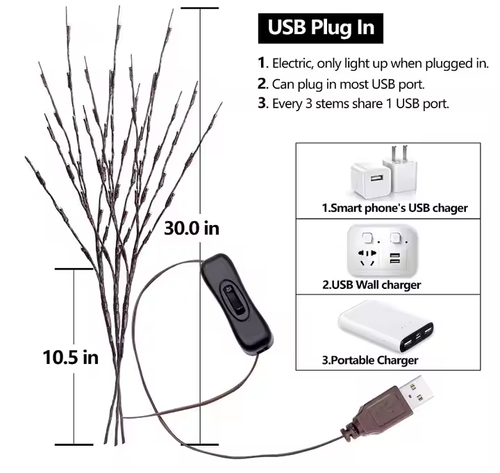 30'' DIY Willow Twig Artificial Tree With 60 Led Lights Warm White Usb Led Branch Light for Vase Room Christmas Decoration