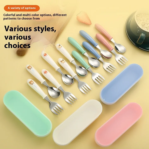 Cartoon stainless steel children's spoon and fork box set of three baby tableware mother and baby gifts round handle spoon and fork