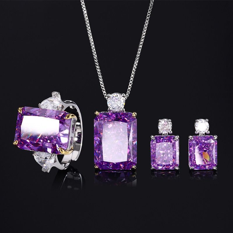 2024 New Zhuangsheng Jewelry High Carbon Diamond Ice Flower Cut Purple Diamond Copper Set Retro Set for Women 12 * 16-10 * 12
