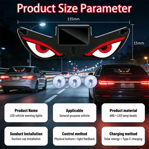 👁️Solar Eyes LED Car Window Light, Wireless No Drill, Solar Powered Demon Eyes Warning Lights for Cars, Windshield Rear Window, Waterproof LED Eyes, Suitable for: Cars, Trucks, Motorcycles