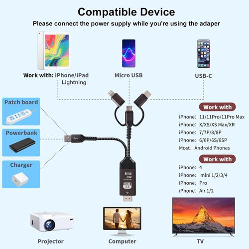 Phone to TV HDMI Cable 1080P 60Hz Universal Screen Mirroring Adapter for iPhone Android Plug and Play HDTV Display Cable