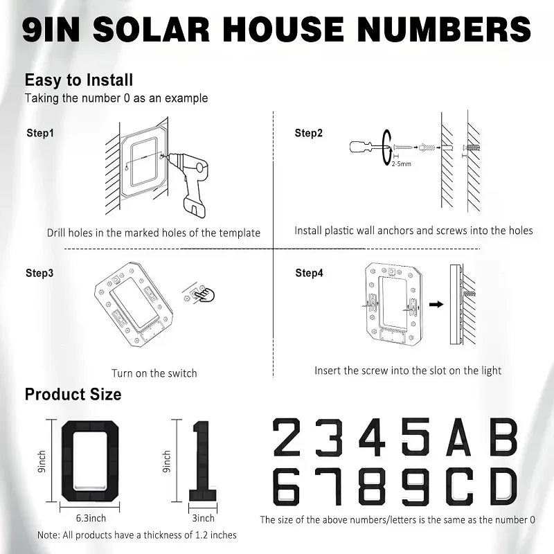 9 Inch Solar Lighted House Numbers for Outside, Light Up Waterproof LED Address Numbers Signs for Houses, Large Personalized Illuminated Exterior Modern House Numbers Light