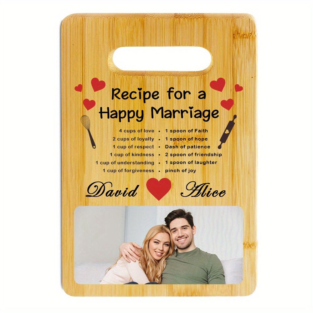 1PC Bamboo Cutting Board with Handles Customizable Happy Marriage Recipe Perfect Gift for Newlyweds Long time Married Couples Valentine's Day Anniversary Gifts for Cutting Vegetables Meats Cheese Salads Multifunctional Kitchen Decoration