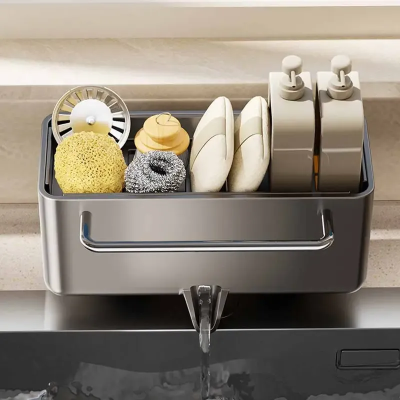 Kitchen Sink Storage Rack: Made of stainless steel—rust-proof and waterproof.