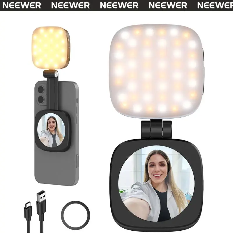 Selfie Light for iPhone  Android, Foldable LED Ring with Mirror  & Stand